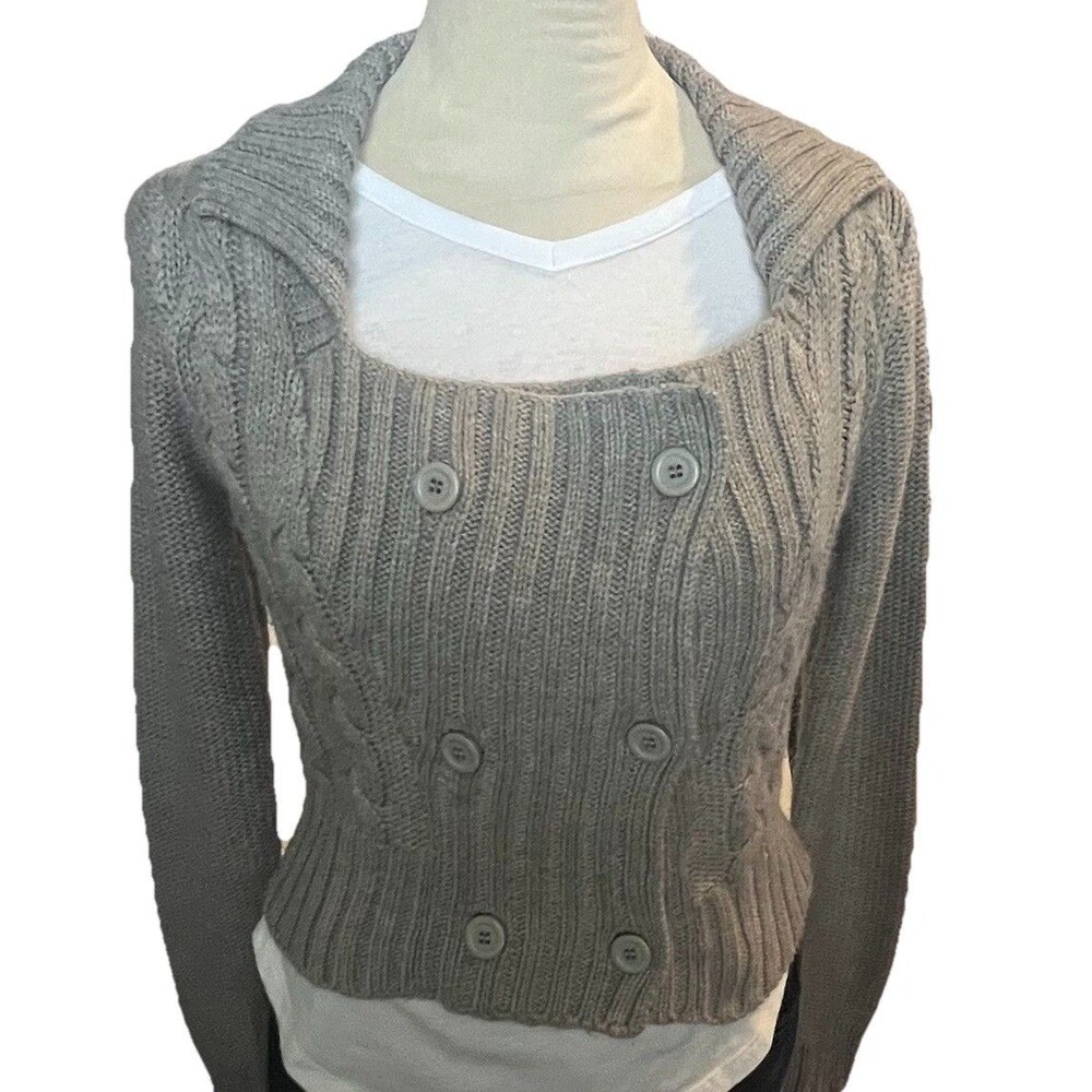 H & M Gray Cropped Sweater Cardigan Double Breasted Cable Knit Open Collar XS